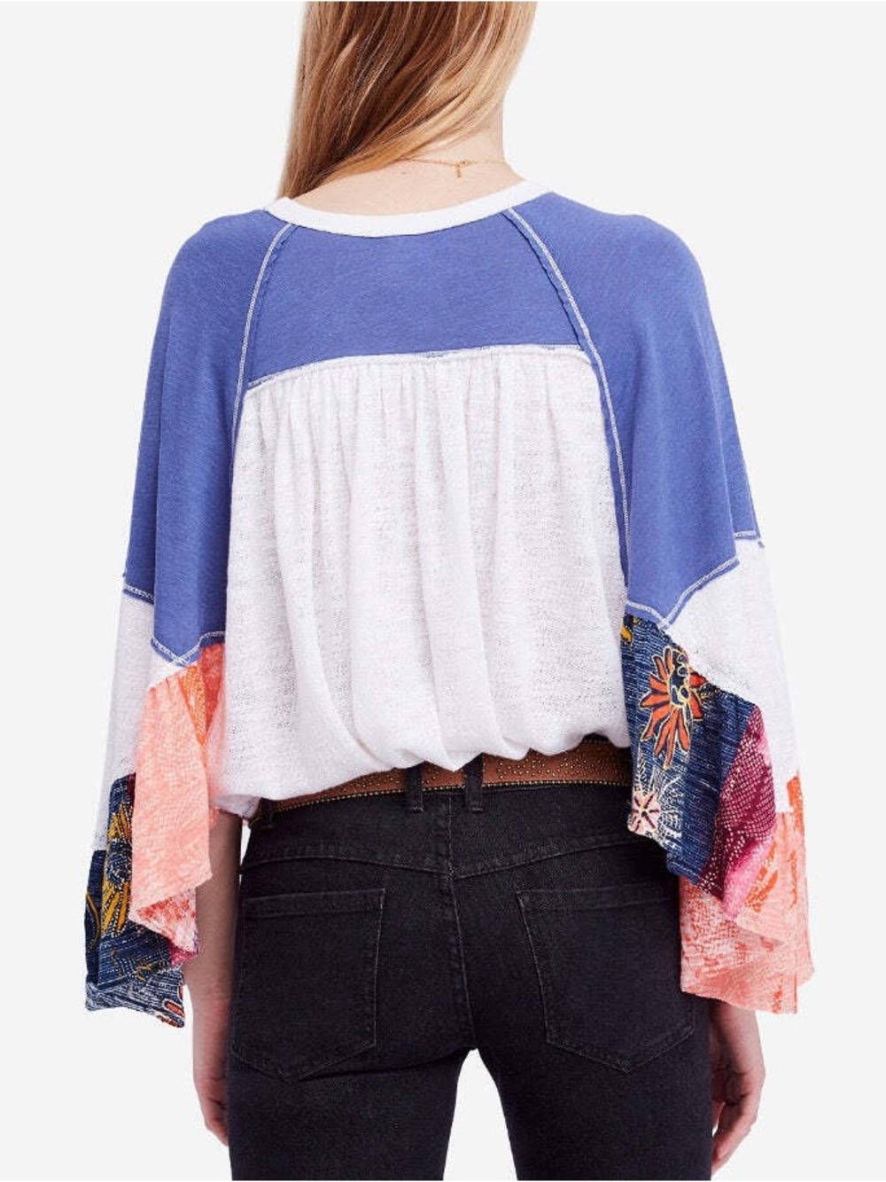 We The Free Blue and Cream Boho Ruffle Sleeve Top - Size XS